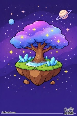 A magical tree is growing on a small floating rock with crystals, surrounded by stars and planets in space