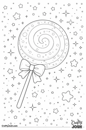 A spiral lollipop-shaped moon floats among stars in space, with a bow-tied stick and playful star shapes all around.