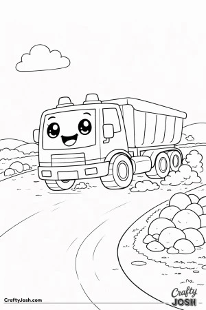 This coloring page shows a sporty dump truck racing along a curved dirt road with dust clouds behind its wheels and rounded hills in the background