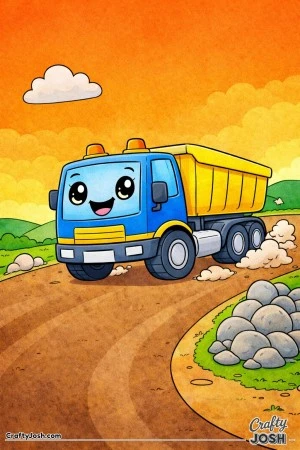 This coloring page shows a sporty dump truck racing along a curved dirt road with dust clouds behind its wheels and rounded hills in the background