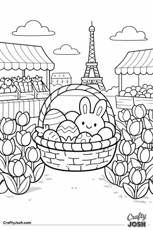 A smiling bunny sits inside an Easter basket filled with decorated eggs and a carrot, surrounded by tulips, market stalls with produce, clouds, and ..