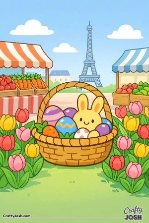 A smiling bunny sits inside an Easter basket filled with decorated eggs and a carrot, surrounded by tulips, market stalls with produce, clouds, and ..