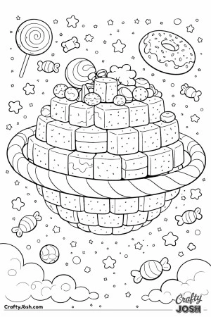 A planet made of stacked candy blocks floats in space with a striped ring around it, surrounded by stars, clouds, and floating sweets like a donut ..