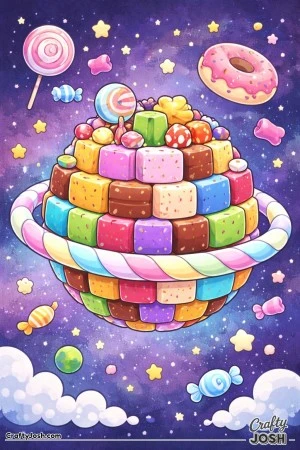 A planet made of stacked candy blocks floats in space with a striped ring around it, surrounded by stars, clouds, and floating sweets like a donut ..