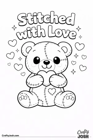 A patchwork teddy bear sits holding a small heart with “Stitched with Love” written above and tiny hearts and sparkles around it