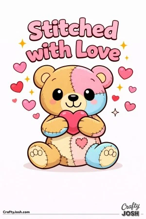 A patchwork teddy bear sits holding a small heart with “Stitched with Love” written above and tiny hearts and sparkles around it