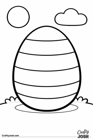 A large Easter egg with wide horizontal stripes sits on a grassy hill under a simple sun and one fluffy cloud