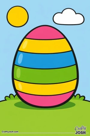 A large Easter egg with wide horizontal stripes sits on a grassy hill under a simple sun and one fluffy cloud