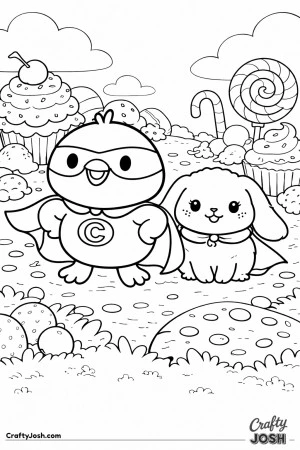 A superhero chick wearing a mask and cape stands beside a lop-eared bunny helper in a magical world filled with cupcakes, lollipops, and candy.