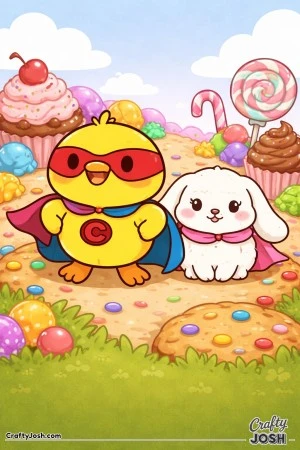 A superhero chick wearing a mask and cape stands beside a lop-eared bunny helper in a magical world filled with cupcakes, lollipops, and candy.