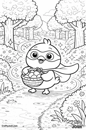 A superhero chick wearing a mask and cape holds a small basket of eggs while standing on a winding path surrounded by trees and sparkles