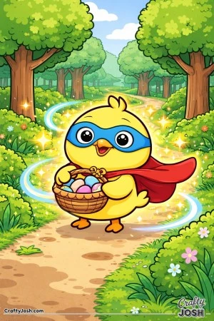 A superhero chick wearing a mask and cape holds a small basket of eggs while standing on a winding path surrounded by trees and sparkles