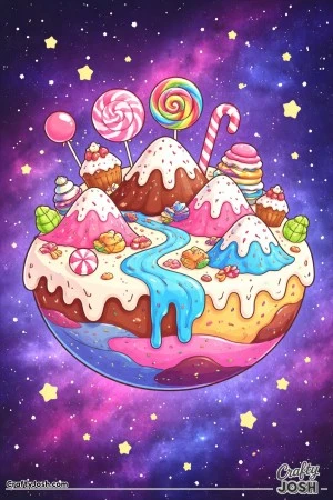 A candy planet floats in space, filled with frosting-covered mountains, dripping icing rivers, sprinkle-covered hills, and treats like lollipops, ..