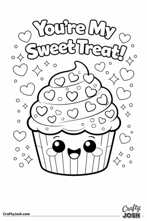 This adorable “You’re My Sweet Treat!” Valentine’s Day coloring page features a smiling cupcake topped with heart-shaped sprinkles and ..