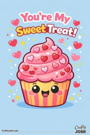This adorable “You’re My Sweet Treat!” Valentine’s Day coloring page features a smiling cupcake topped with heart-shaped sprinkles and ..
