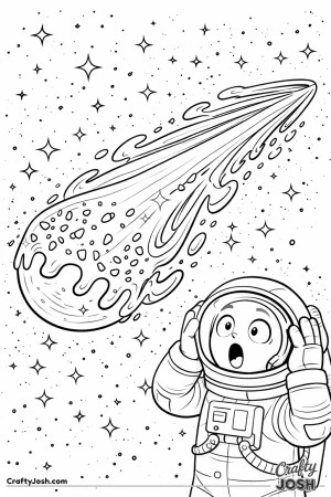 A caramel comet with a long, swirly tail flies through space while a surprised astronaut stands at the bottom right, reacting with wide eyes and ..
