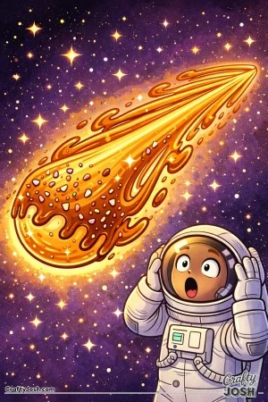 A caramel comet with a long, swirly tail flies through space while a surprised astronaut stands at the bottom right, reacting with wide eyes and ..