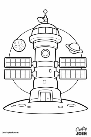 This image shows a tall space station tower standing on a curved surface with large solar panels stretching out on both sides and simple planets in ..