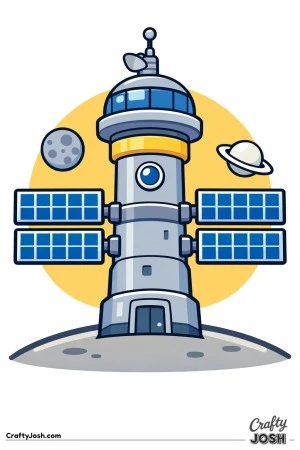 This image shows a tall space station tower standing on a curved surface with large solar panels stretching out on both sides and simple planets in ..