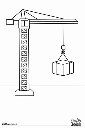 This simple tower crane coloring page features a tall crane with a straight arm and a large hook lifting a square building block