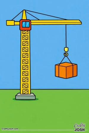 This simple tower crane coloring page features a tall crane with a straight arm and a large hook lifting a square building block