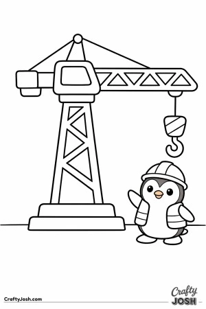 This tall tower crane features a thick simple tower, long straight arm, and large hook with a penguin construction helper standing at the base ..