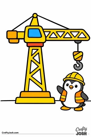 This tall tower crane features a thick simple tower, long straight arm, and large hook with a penguin construction helper standing at the base ..