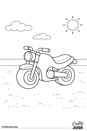 Motorcycle is parked on flat sand with a sun and clouds in the sky, using large shapes that are easy for young children to color.