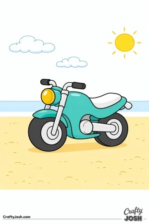 Motorcycle is parked on flat sand with a sun and clouds in the sky, using large shapes that are easy for young children to color.