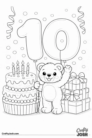 A teddy bear celebrates in front of a giant number 10 balloon with a cake on one side and stacked presents on the other