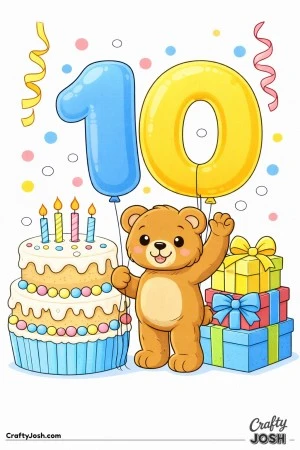 A teddy bear celebrates in front of a giant number 10 balloon with a cake on one side and stacked presents on the other