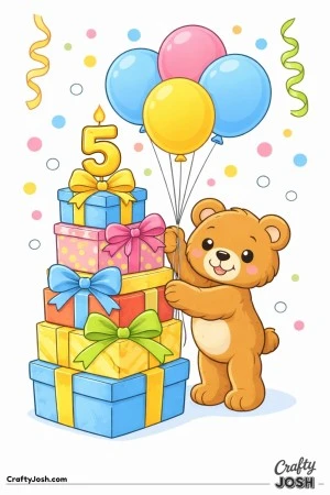 A teddy bear stands beside a tall stack of five wrapped presents with balloons floating above and ribbon curls around the tower