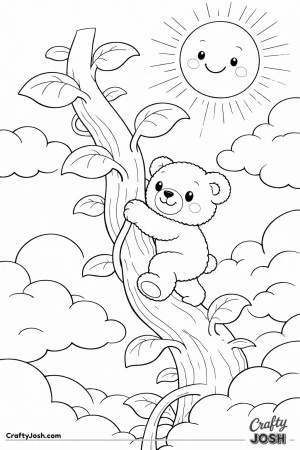 A cheerful teddy bear climbs a giant spiraling beanstalk that reaches up into fluffy clouds beneath a smiling sun