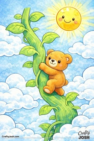 A cheerful teddy bear climbs a giant spiraling beanstalk that reaches up into fluffy clouds beneath a smiling sun