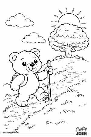 A cheerful teddy bear climbs a gently sloped hill with a walking stick as the sun rises behind a large rounded tree and fluffy clouds