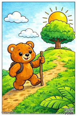 A cheerful teddy bear climbs a gently sloped hill with a walking stick as the sun rises behind a large rounded tree and fluffy clouds