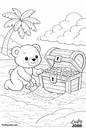 A happy teddy bear digs in the sand and discovers a large treasure chest on a sunny beach with a palm tree and calm ocean behind
