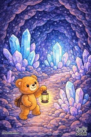 A curious teddy bear explores a crystal-filled cave, holding a lantern as large rounded crystals rise from the floor and ceiling around him