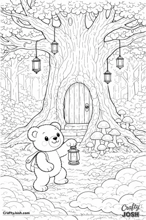 A curious teddy bear stands before a giant ancient tree with a hidden door carved into its trunk, surrounded by hanging lanterns and mushrooms at the ..