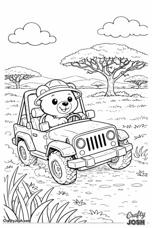 A brave teddy bear drives a safari jeep across the savanna with acacia trees and distant hills stretching across the horizon