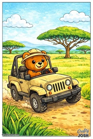 A brave teddy bear drives a safari jeep across the savanna with acacia trees and distant hills stretching across the horizon