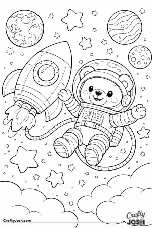 A brave teddy bear astronaut floats in space connected by a thick tether near a large rounded rocket, surrounded by planets, stars, and a simple moon