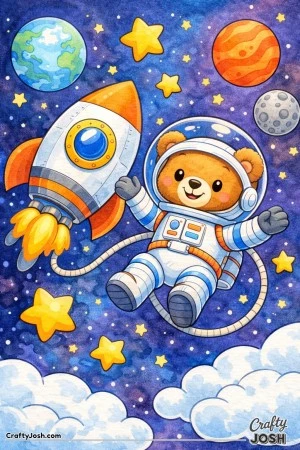 A brave teddy bear astronaut floats in space connected by a thick tether near a large rounded rocket, surrounded by planets, stars, and a simple moon