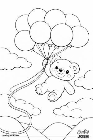 A happy teddy bear floats gently through the sky holding a bunch of oversized balloons above simple rounded hills and drifting clouds