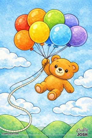 A happy teddy bear floats gently through the sky holding a bunch of oversized balloons above simple rounded hills and drifting clouds