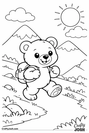 A cheerful teddy bear hikes up a gently sloped mountain path with a small backpack, surrounded by large mountains, a bright sun, and fluffy clouds