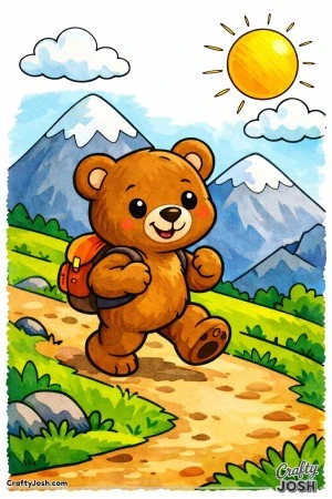 A cheerful teddy bear hikes up a gently sloped mountain path with a small backpack, surrounded by large mountains, a bright sun, and fluffy clouds