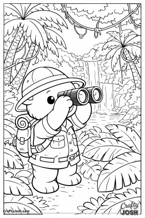 A brave teddy bear jungle explorer stands among large tropical leaves using binoculars, with palm trees and a cascading waterfall in the background