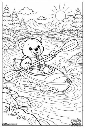 A happy teddy bear kayaks down a winding river with splashes around the paddle, surrounded by rocky riverbanks, trees, and distant mountains