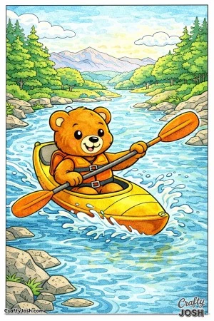 A happy teddy bear kayaks down a winding river with splashes around the paddle, surrounded by rocky riverbanks, trees, and distant mountains